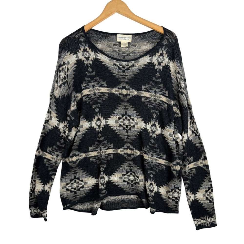 Denim & Supply Ralph Lauren Womens Southwestern Knit Sweater Size XL Blue Cream